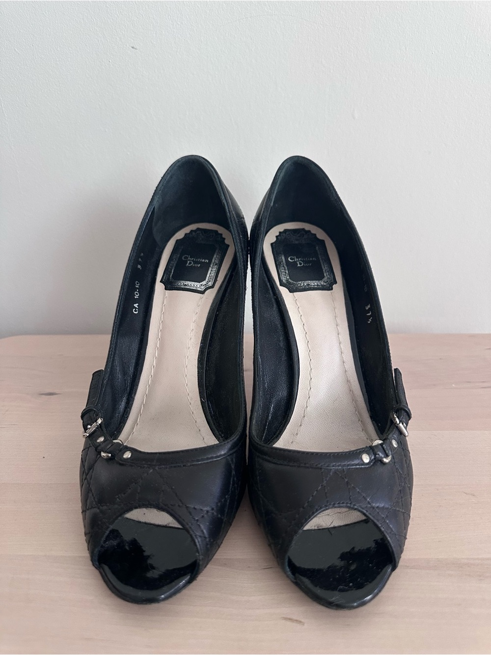 Dior Black Quilted Peep-Toe Heels with Stud Accents